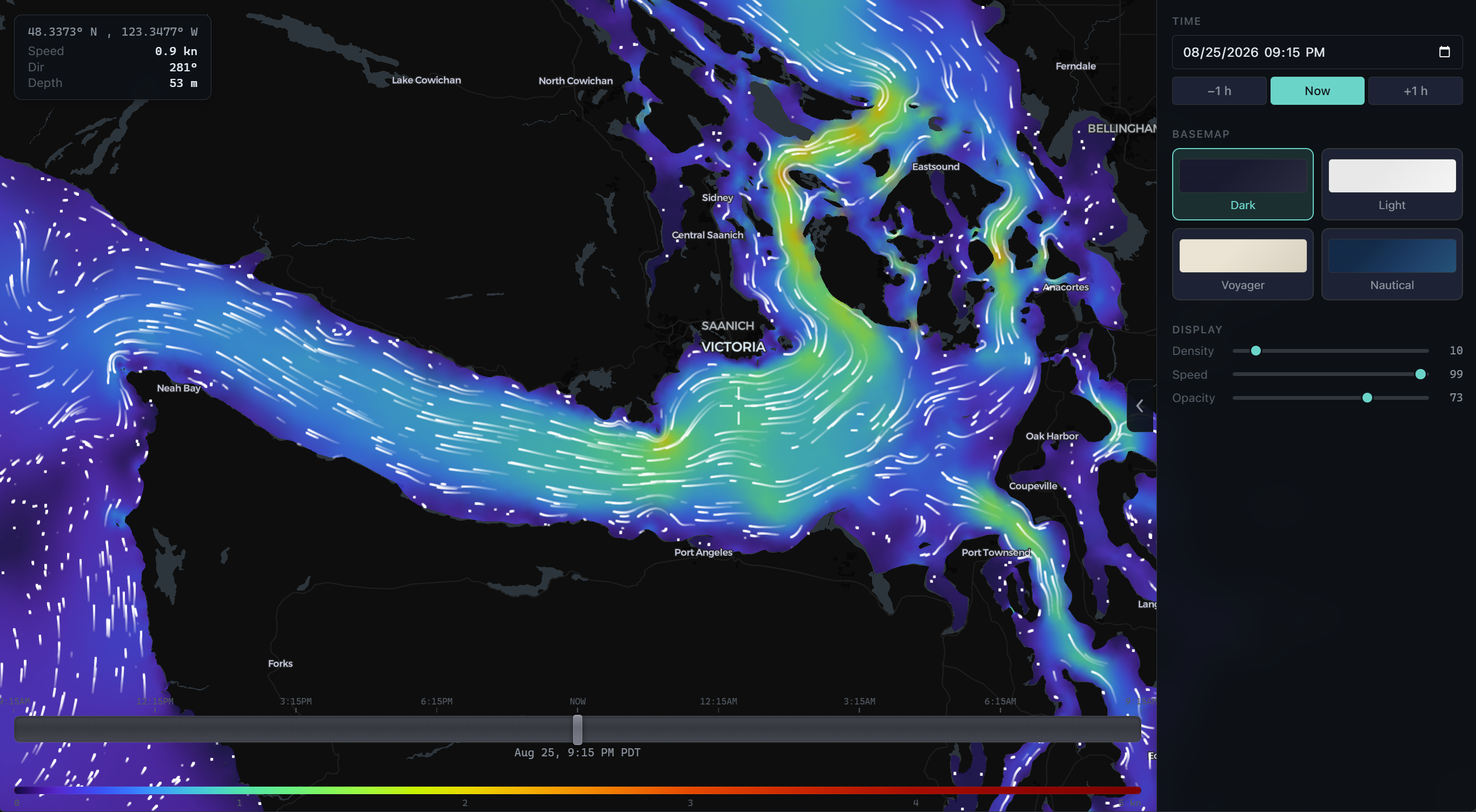 Currents — live tidal streamlines and heatmap over Puget Sound