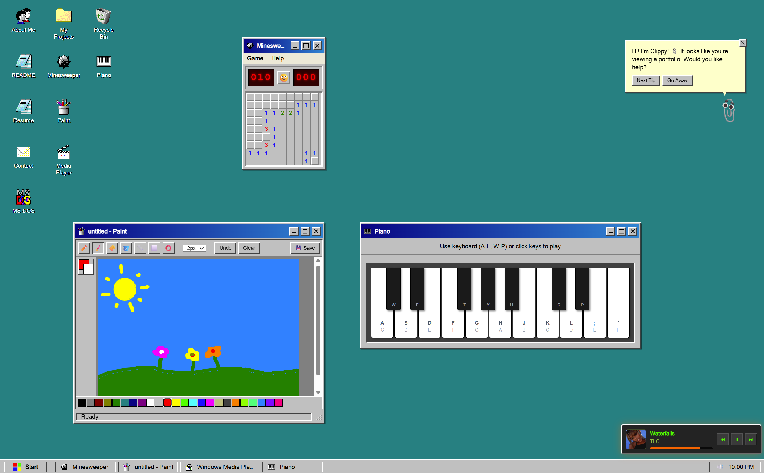 Windows 95 Rebuilt — desktop with Paint, Piano, Minesweeper, and Clippy open